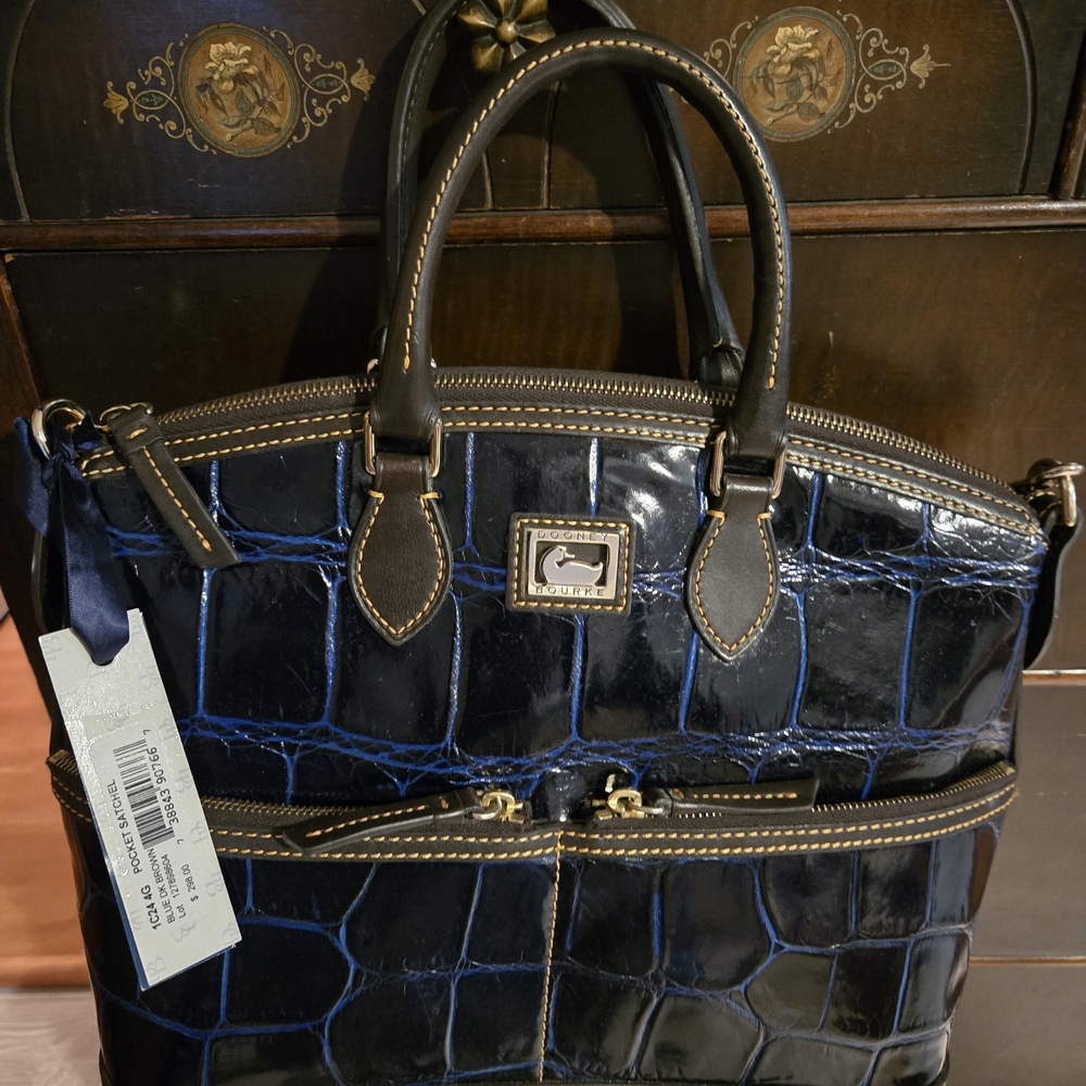 Dooney & Bourke Navy Crocodile Embossed Leather Satchel